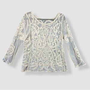EXPRESS Cream Embroidered Mesh Y2K 2000s Cotton Babydoll Blouse Top Size Medium